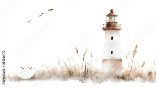 Watercolor Lighthouse Coastal Scene with Birds and Grasses