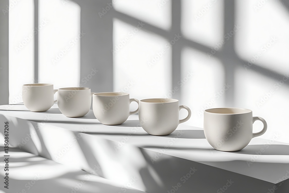 Five Off-White Ceramic Mugs in Dramatic Window Light Five Off-White Ceramic Mugs in Dramatic Window Light