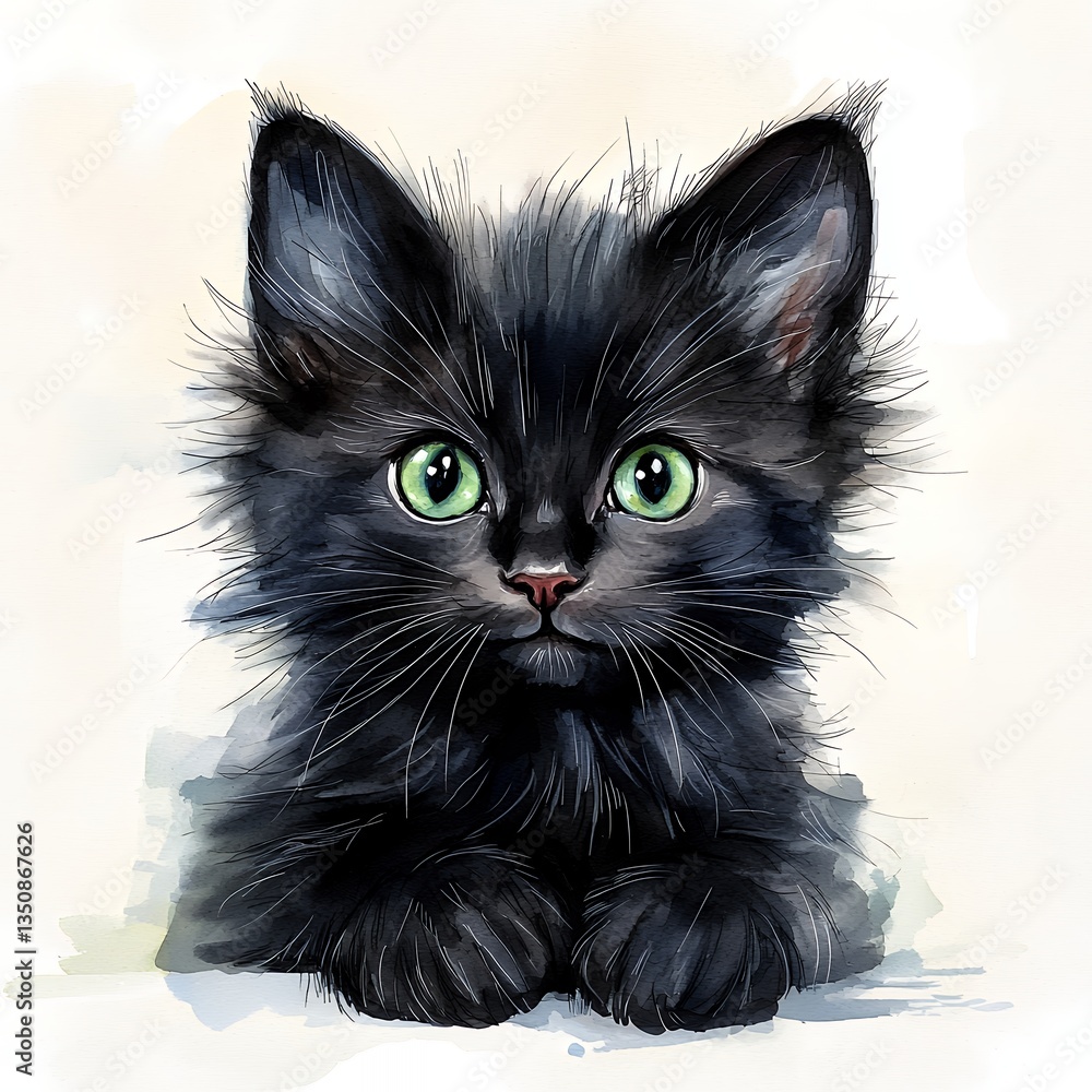 Watercolor Painting of a Fluffy Black Kitten with Bright Green Eyes Watercolor Painting of a Fluffy Black Kitten with Bright Green Eyes