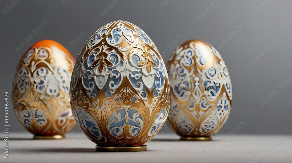 Three intricately designed decorative eggs with intricate patterns in gold, blue, and orange tones. Three intricately designed decorative eggs with intricate patterns in gold, blue, and orange tones.