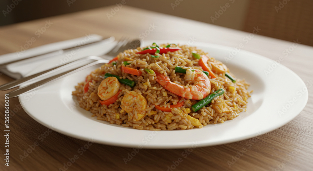 Delicious Shrimp Fried Rice Served on a White Plate with Cutlery on the Side Delicious Shrimp Fried Rice Served on a White Plate with Cutlery on the Side