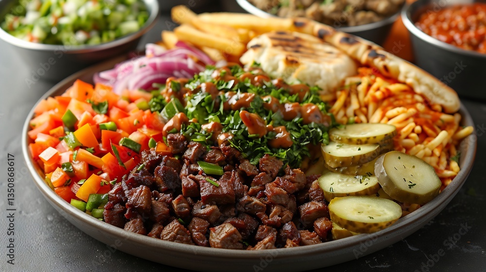 Lebanese shawarma plate pickles garlic sauce and fries zoomed out full portion isolated white background Lebanese shawarma plate pickles garlic sauce and fries zoomed out full portion isolated white background