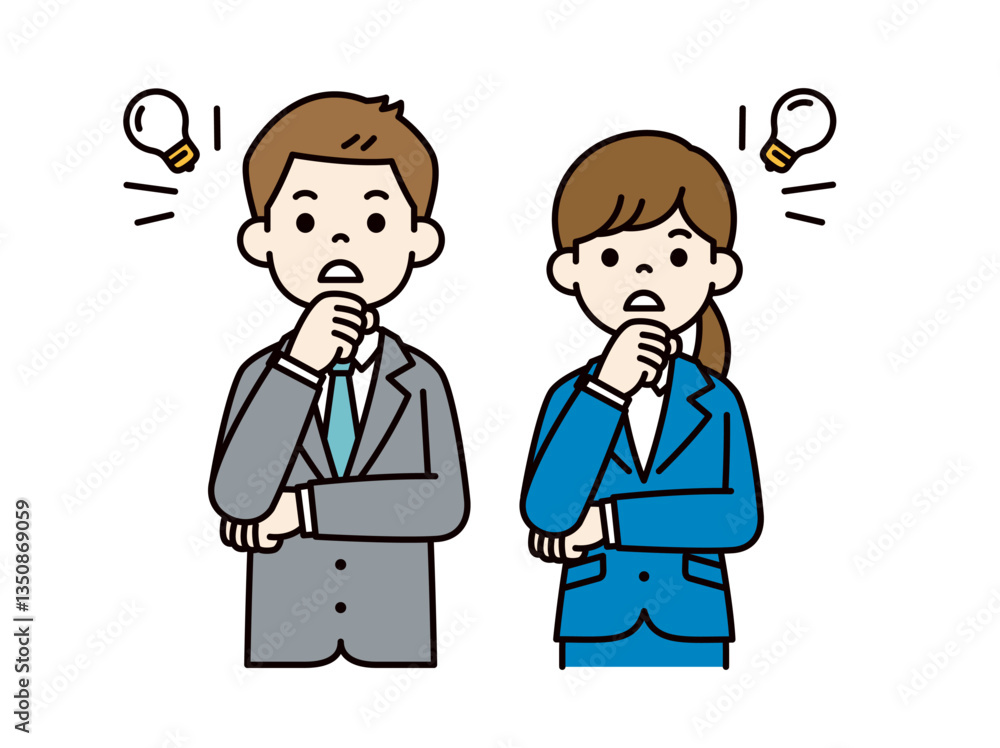 ハッと閃いたポーズの、男女の会社員のシンプルなベクターイラスト素材_カラー ハッと閃いたポーズの、男女の会社員のシンプルなベクターイラスト素材_カラー