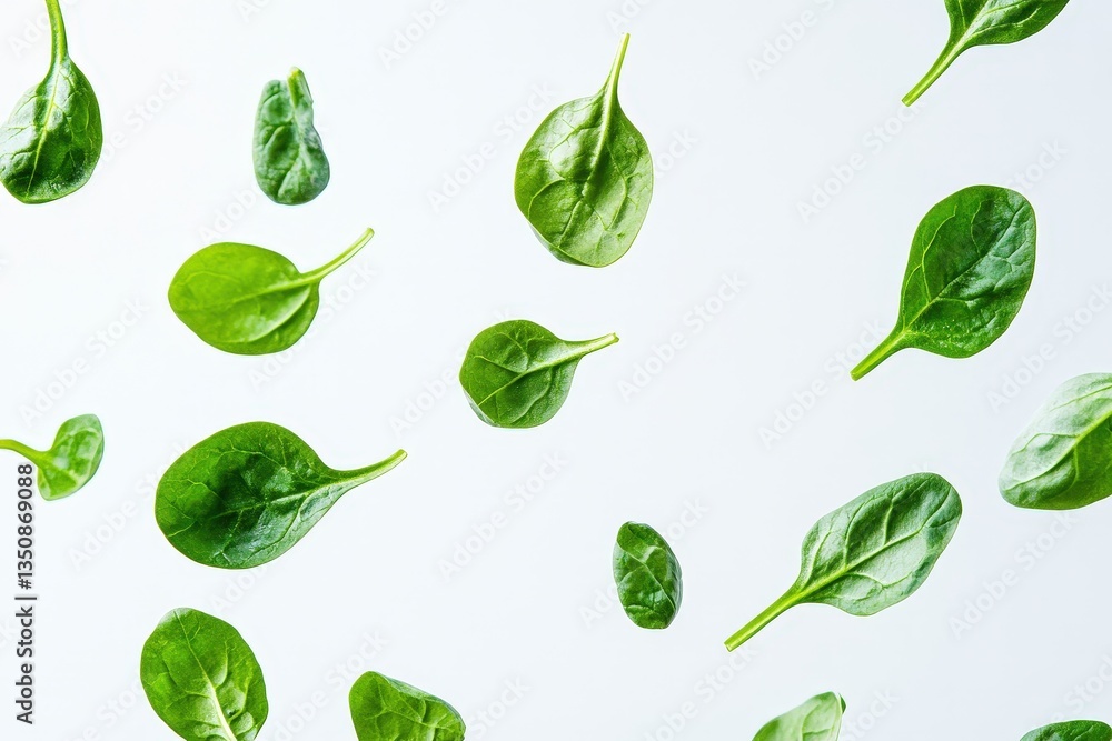 Various Fresh Green Spinach Leaves Scattered Across White Background Various Fresh Green Spinach Leaves Scattered Across White Background