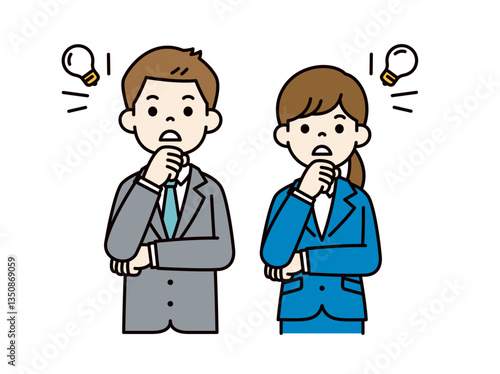 ハッと閃いたポーズの、男女の会社員のシンプルなベクターイラスト素材＿カラー