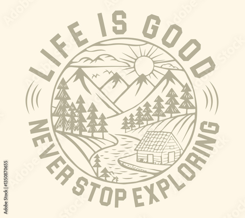 Mountain camping. Adventure at the mountain graphic artwork for t shirt and others. River and waterfall with hill artwork. Mountain with tree vintage print design. good life. Bench hand sketch.