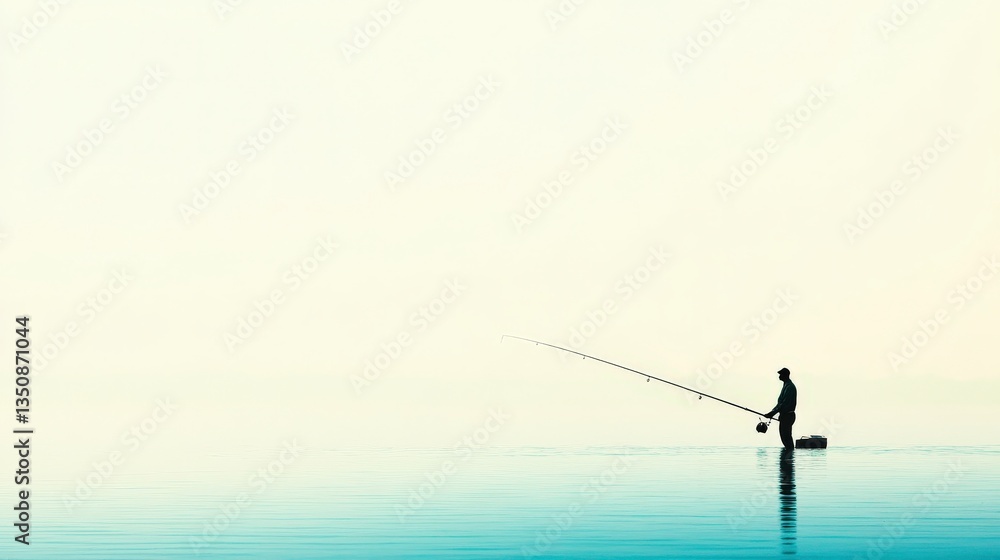 Tranquil Fisherman in Vibrant Blue Water Scene Tranquil Fisherman in Vibrant Blue Water Scene