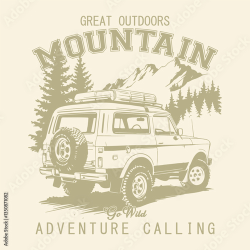 Adventure-Themed T-Shirt Design with Sunset and Mountain Illustration. Mountain t-shirt design pine trees. Print for apparel with slogan - mountains adventure. Typography graphics 