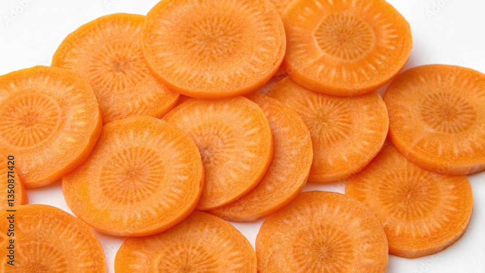 Close-up of thinly sliced orange carrots, carefully arranged in an overlapping pattern on a clean white background Close-up of thinly sliced orange carrots, carefully arranged in an overlapping pattern on a clean white background