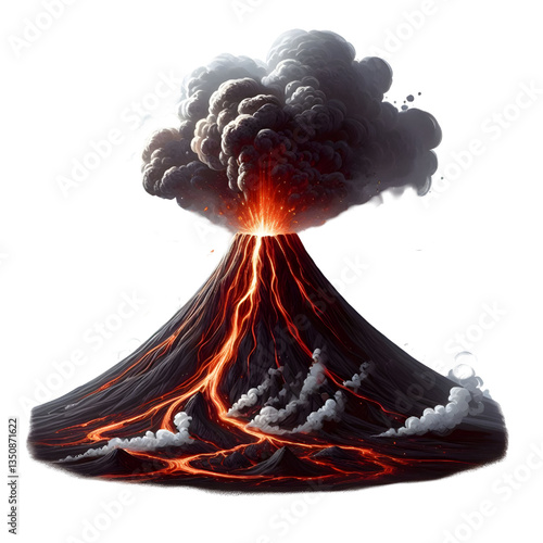 Smoking volcano with lava flowing down isolated on a white background