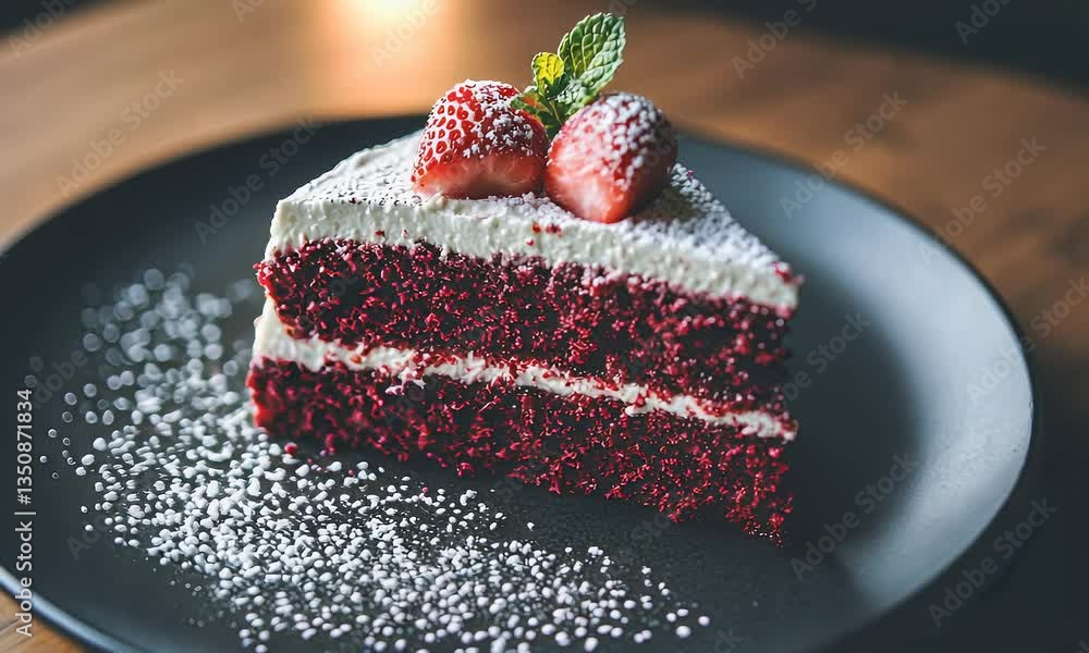 Red velvet cake slice, strawberries, mint, dessert plate, wooden table background; food photography