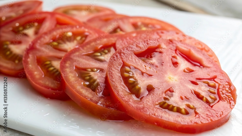 A macro shot of red, ripe tomato slices laid out on a pristine white surface A macro shot of red, ripe tomato slices laid out on a pristine white surface