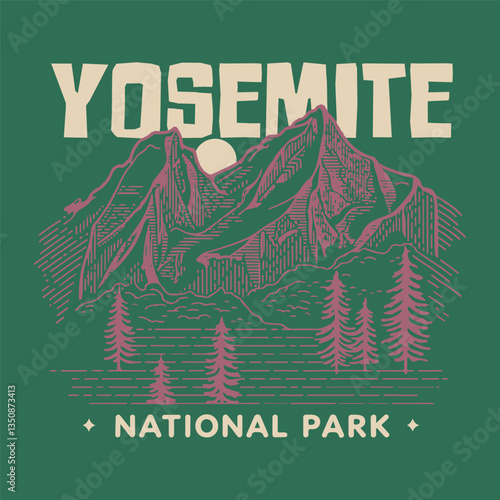 Yosemite national park t shirt. outside vector print design. Mountain adventure artwork design. Wild national park illustration. graphic print design for t shirt and others. Mountain and wild tree 