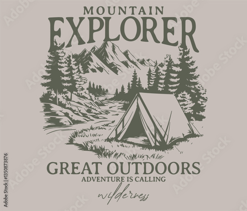 Outdoor, wildlife journey vector typography with mountain illustration. Good for label, emblem, stamp too. Outdoor travel vintage vector t shirt design. Wild life graphic print artwork for poster,