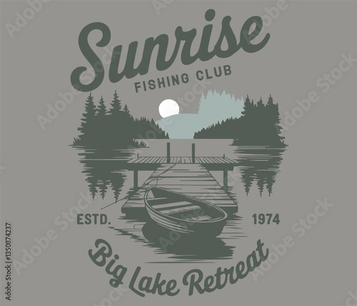  Kayaking and camping design. The lake my happy place. Outdoors vector print design for t-shirt. Mountain lake artwork. Explore the great outdoors, vector mountain with sunset and river, mountain