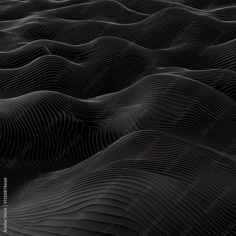The image depicts a black abstract landscape of layered waves The image depicts a black abstract landscape of layered waves