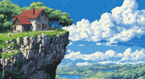 A small house sits perched upon a rocky cliff side