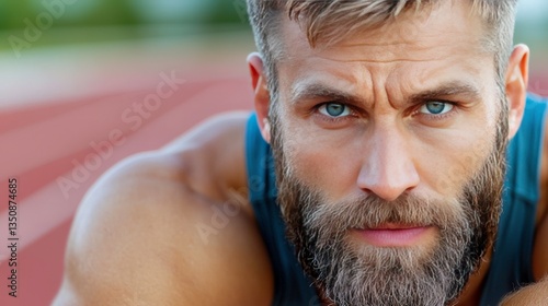 Intense close-up portrait of muscular athlete with piercing blue eyes, focused expression, and rugged beard ready for competition on a running track