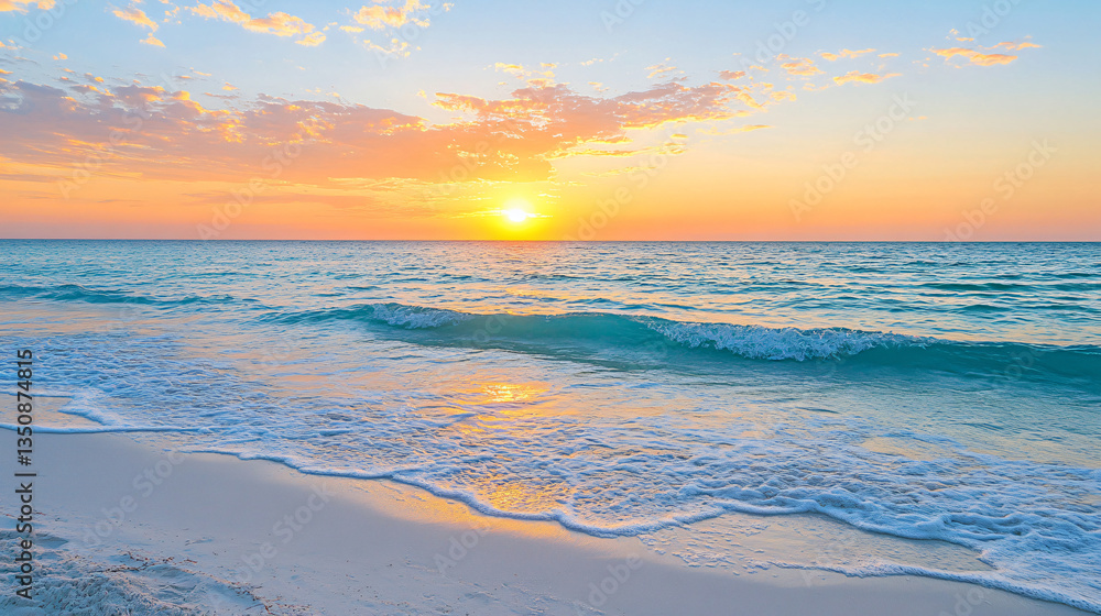Fototapeta premium Stunning beach view capturing vibrant coastal hues of the sunset with gentle waves lapping at the shore creating a serene and tranquil scene.