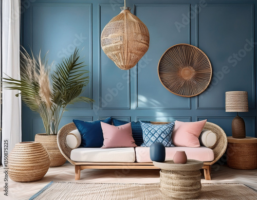 Sophisticated navy and blush color scheme with geometric tiles, woven rattan, and natural wood textures. photo