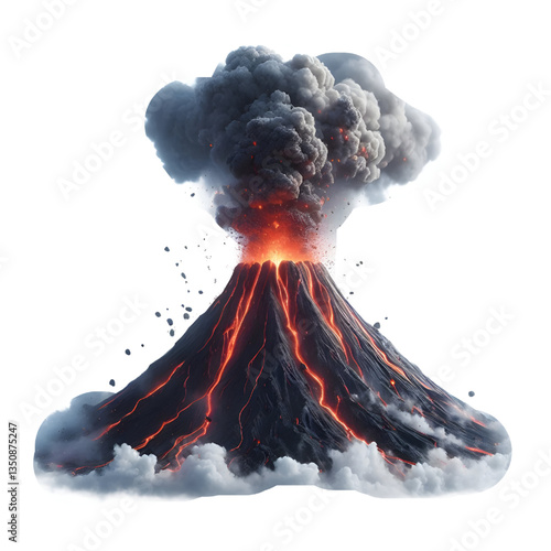 Smoking volcano with lava flowing down isolated on a white background