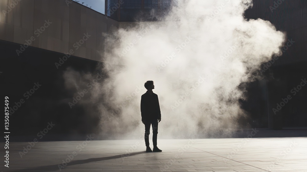 Boy, urban plaza, fog, contemplation, website banner Boy, urban plaza, fog, contemplation, website banner
