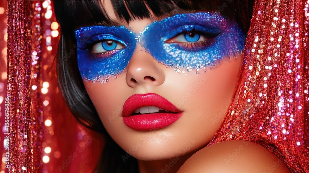 Vibrant Fashion Portrait with Blue Glitter Mask and Bold Lips Amidst Shimmering Background Vibrant Fashion Portrait with Blue Glitter Mask and Bold Lips Amidst Shimmering Background
