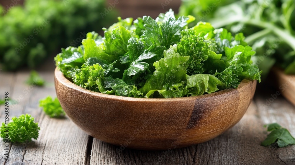 Fresh Green Leafy Vegetables in Wooden Bowl Fresh Green Leafy Vegetables in Wooden Bowl