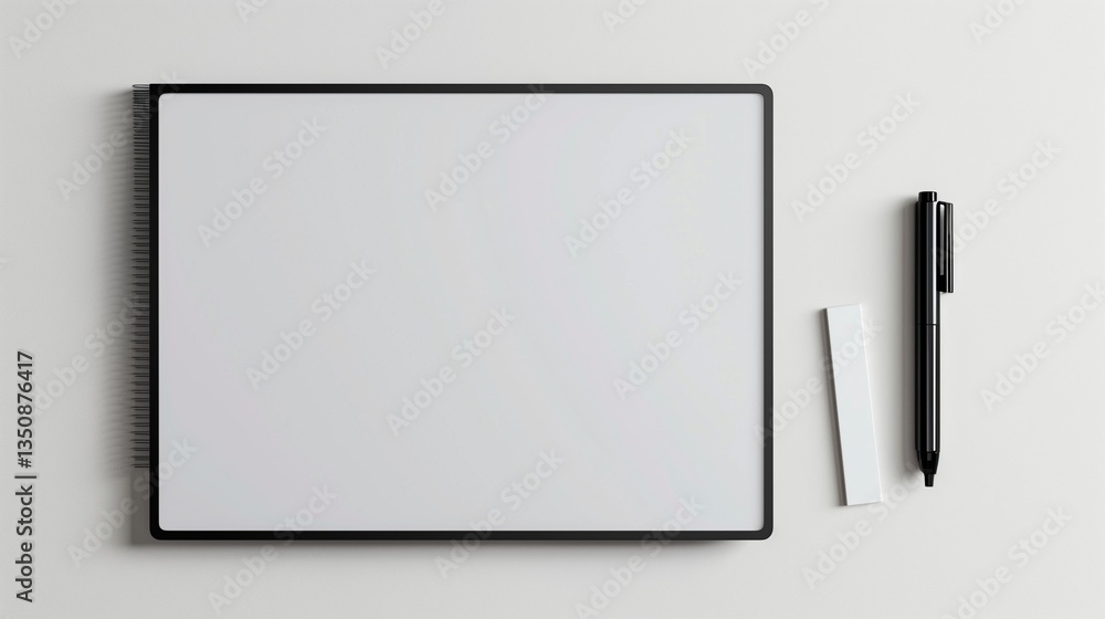 A modern whiteboard with fine-tip markers and an eraser placed neatly beside it, isolated on a clean background. A modern whiteboard with fine-tip markers and an eraser placed neatly beside it, isolated on a clean background.