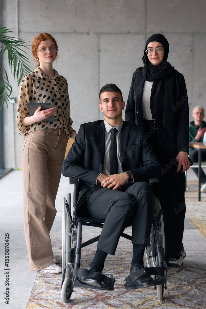Fototapeta premium A diverse business team poses confidently, including a smiling director seated in a wheelchair, flanked by two professional female colleagues, one wearing a hijab and the other holding a tablet, in a