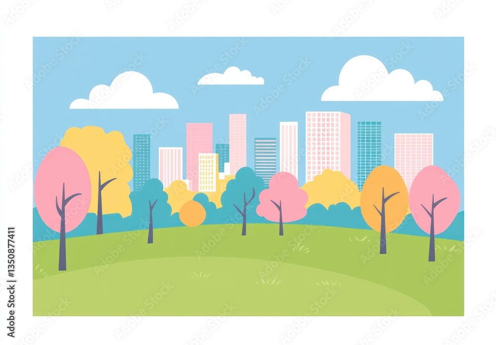 A colorful cartoon landscape featuring a city skyline and park A colorful cartoon landscape featuring a city skyline and park