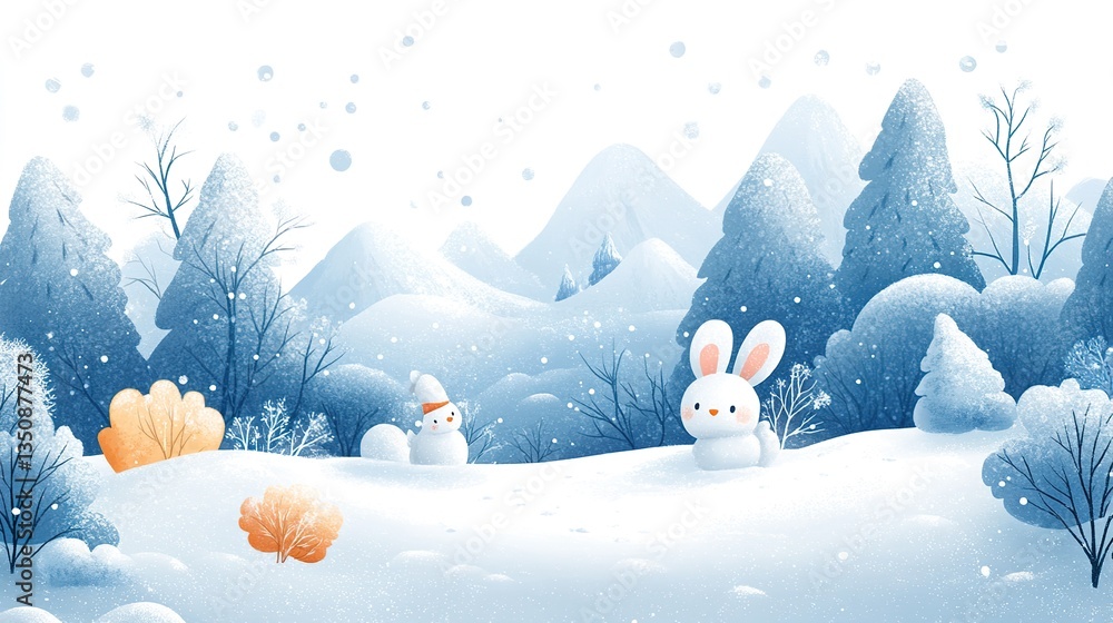 An illustrated winter scene featuring a bunny and snowman An illustrated winter scene featuring a bunny and snowman