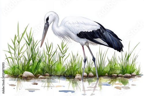 White and Black Stork in Wetlands, Detailed Illustration