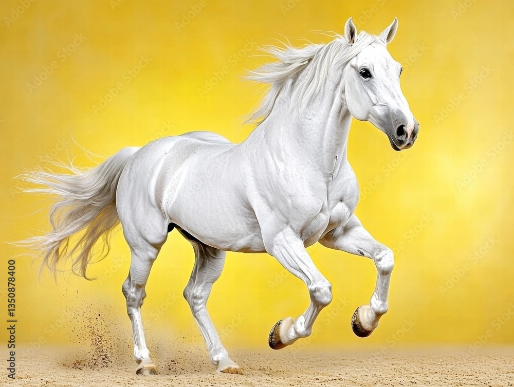 White Horse Running on Yellow Sand Background White Horse Running on Yellow Sand Background