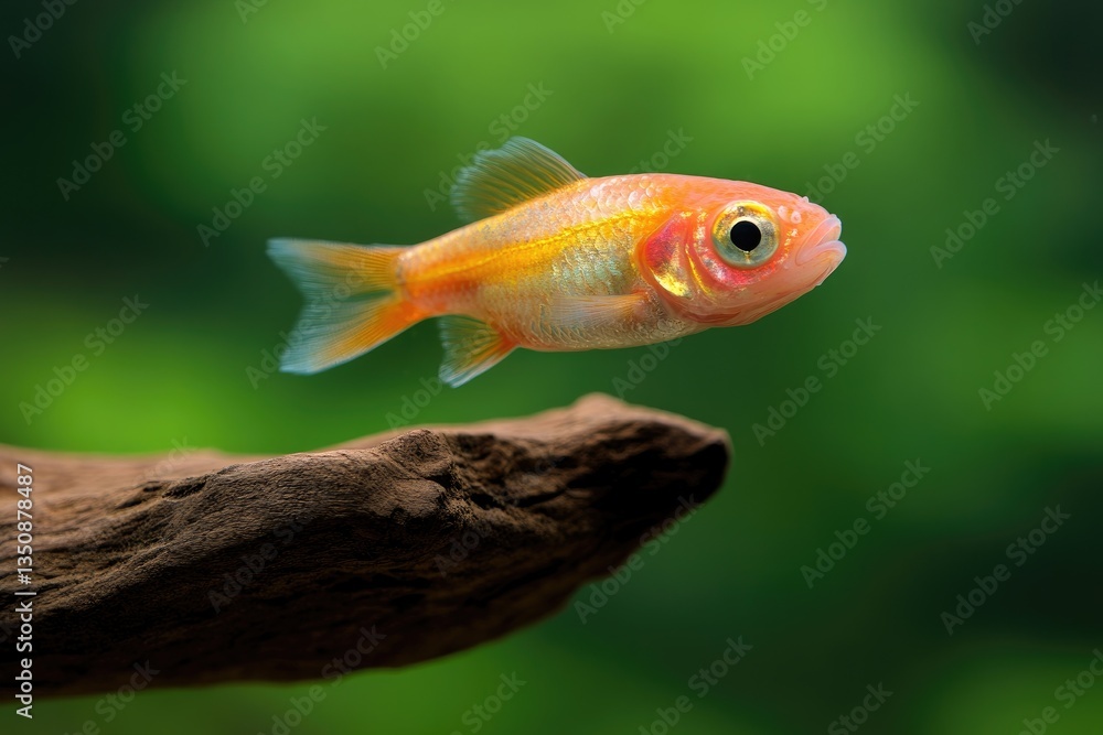 Vibrant Goldfish Swimming Above Driftwood in Lush Green Aquarium Setting Vibrant Goldfish Swimming Above Driftwood in Lush Green Aquarium Setting