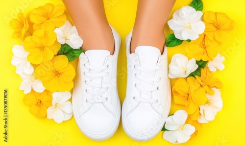 Bright Summer Footwear: Stylish White Sneakers Surrounded by Vibrant Yellow and White Flowers on a Sunny Background for Fashion and Lifestyle Inspiration