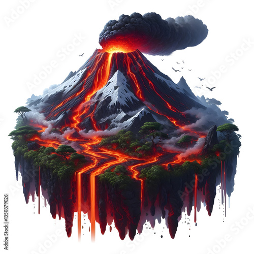 Smoking volcano with lava flowing down isolated on a white background