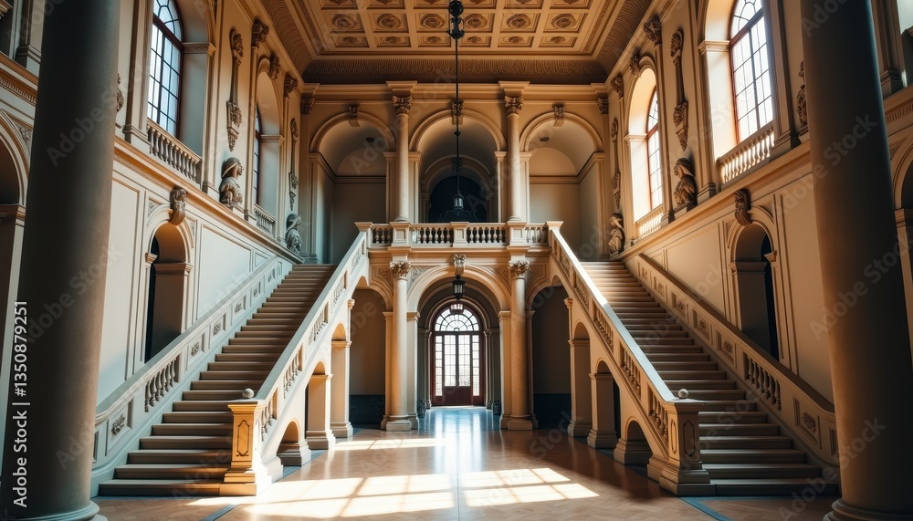 Fototapeta premium A grand staircase in a classical museum adorned with statues, intricate details, and large windows, celebrating the elegance, history, and cultural heritage on International Museum Day