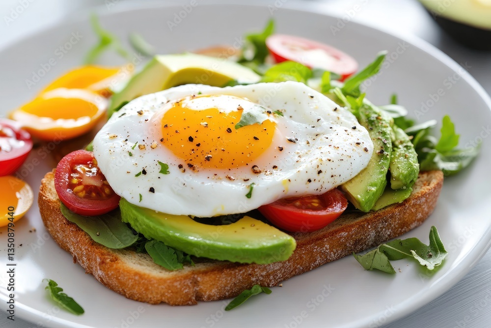 Delicious Avocado Toast with Poached Egg and Fresh Vegetables on Rustic Bread Delicious Avocado Toast with Poached Egg and Fresh Vegetables on Rustic Bread