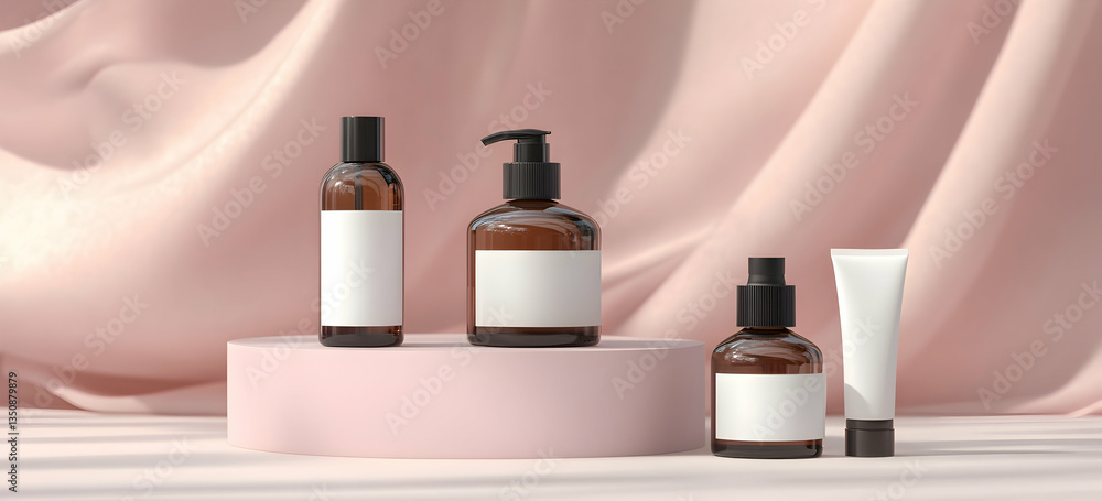 Three bottles of body care products on a podium Three bottles of body care products on a podium