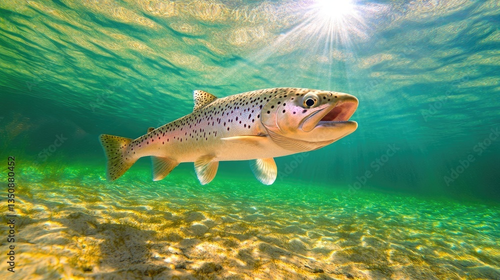 Naklejka premium Vibrant Underwater Shot of Rainbow Trout in Clear Sunlit Waters