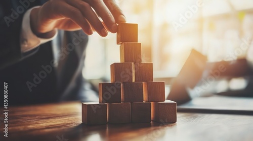Businessperson building wooden blocks, strategy planning, office background, success concept