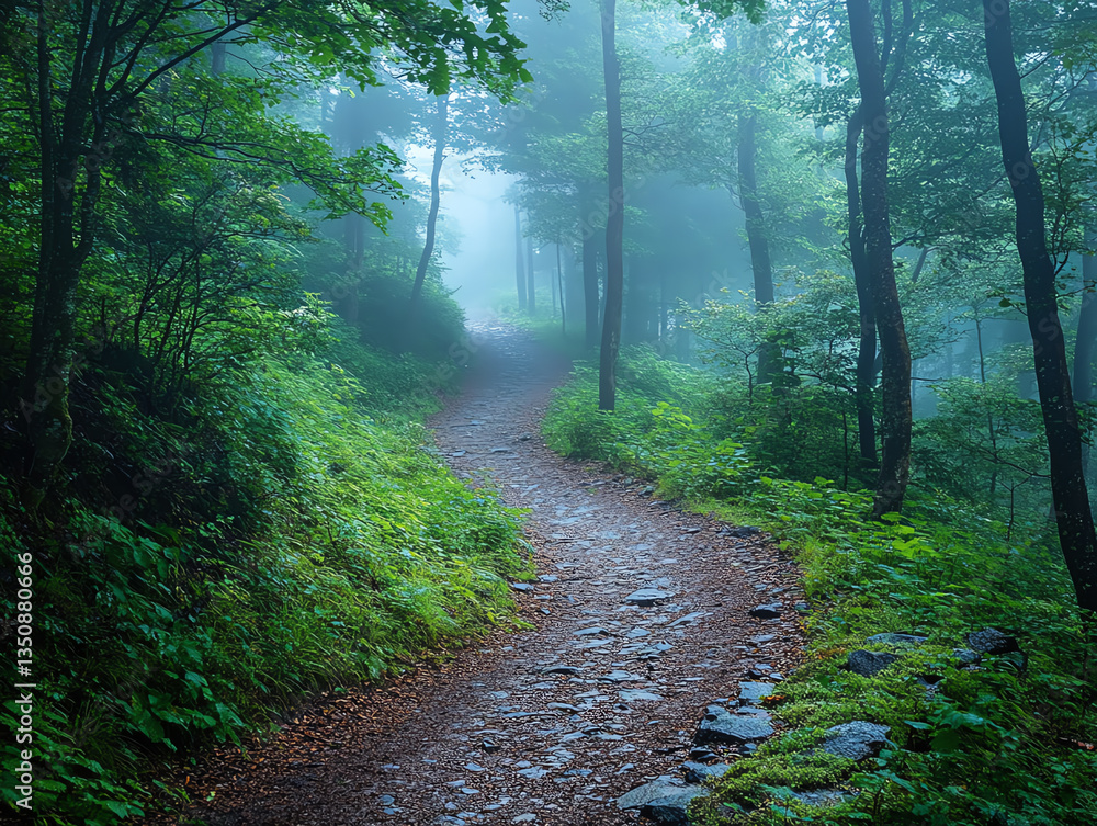 Fototapeta premium A peaceful forest path winding through lush greenery, enveloped in soft mist, inviting exploration and tranquility.