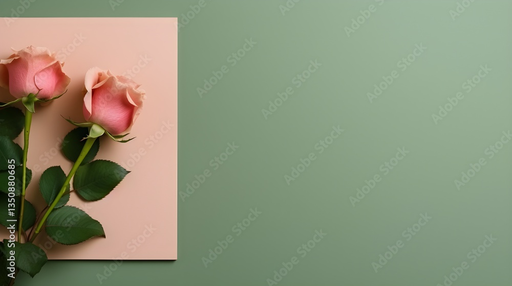 Fototapeta premium Elegant Pink Roses on Peach and Sage Green Background Floral Flat Lay Photography