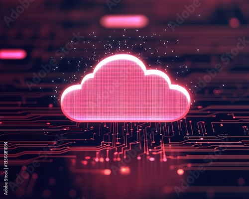 A stylized cloud symbol over a circuit board background, representing digital technology and cloud computing concepts in a vibrant pink hue.