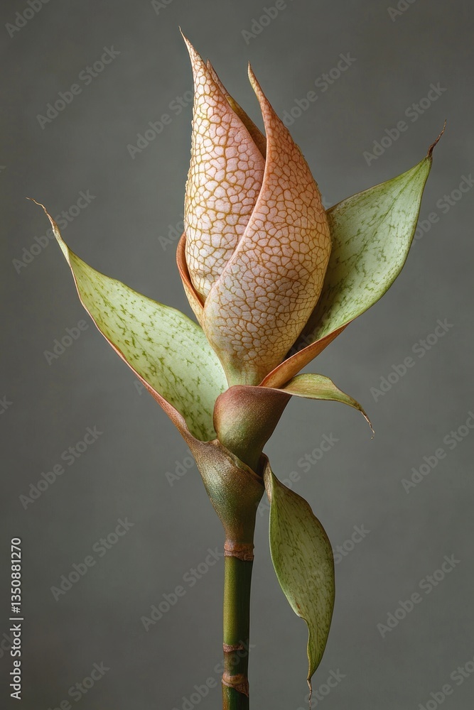 A close up view of a unique flower and leaves A close up view of a unique flower and leaves