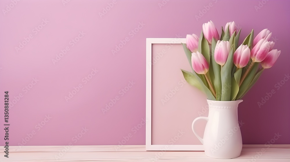 Pink Tulips in White Pitcher with Blank Frame on Pink Background Spring Floral Arrangement Pink Tulips in White Pitcher with Blank Frame on Pink Background Spring Floral Arrangement