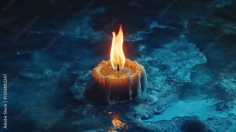 Fototapeta premium Candlelight on frozen water, night scene, mystical atmosphere, album art