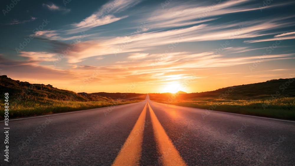 Endless road to the horizon, bathed in a golden sunset Endless road to the horizon, bathed in a golden sunset