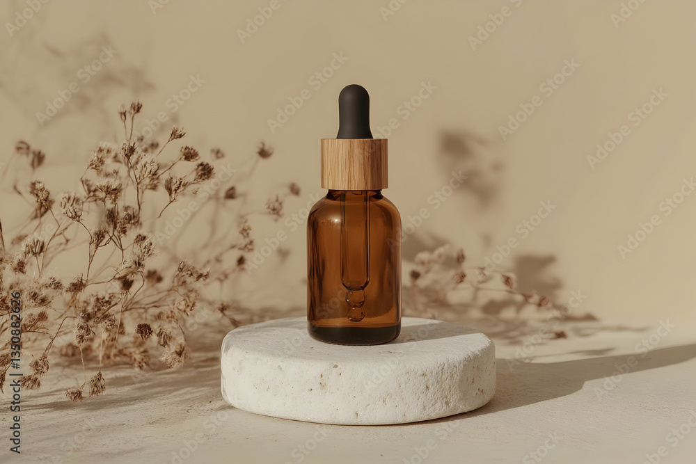 Minimalist mockup of an amber glass dropper bottle with a wooden cap on a round white stone podium against a beige background Minimalist mockup of an amber glass dropper bottle with a wooden cap on a round white stone podium against a beige background